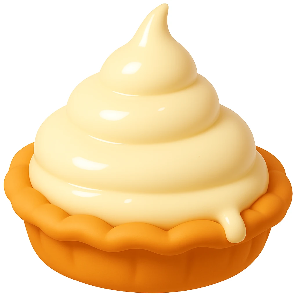 Frame 2 of 15: Cream pie with a tiny cream droplet starting to appear, playful 3D emoji style, golden brown crust, same angle as reference emoji