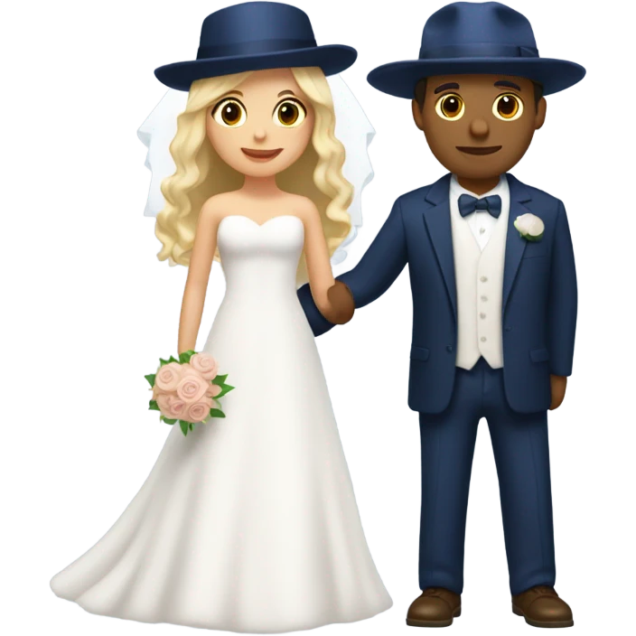 Puerto rican beard short hair with blue hat and navy blue suit getting Married with blond long hair girl with white  wedding dress  emoji