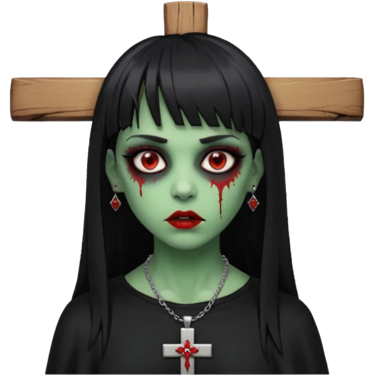 zumbi verde com olhos vermelhos sangrando e franja roupa preta e um crucifixo como colar, sem ser na testa e um piercing no nariz bem feminino a franja reta também  emoji
