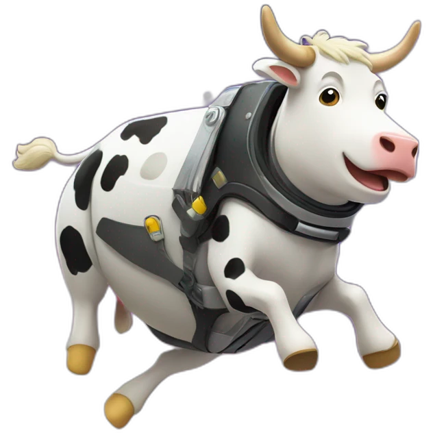side-on view of cow flying to space while wearing a jetpack with legs being pushed back by the wind emoji