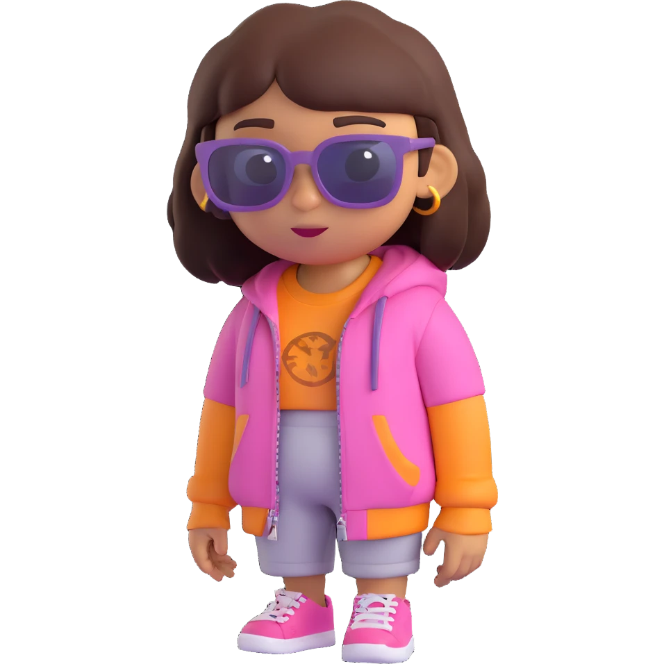 Dora the Explorer as a thug, 3D emoji style, sunglasses, streetwear, tough expression emoji