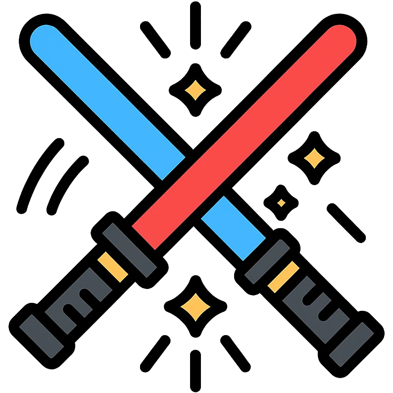 two lightsabers, one blue and one red, clashing with motion lines and sparks emoji