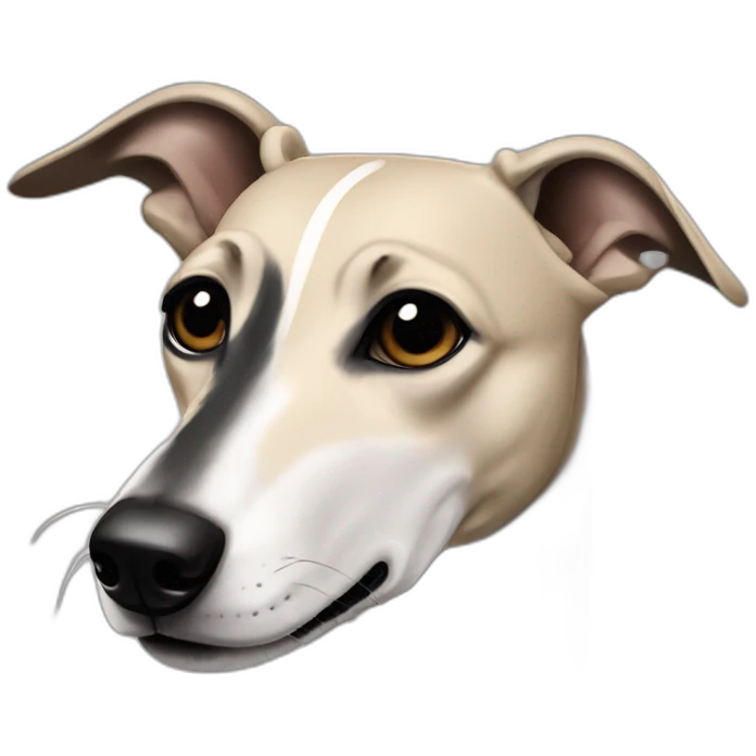a beige whippet with a dark snout, black and white mouth and black angel wing like eyes emoji