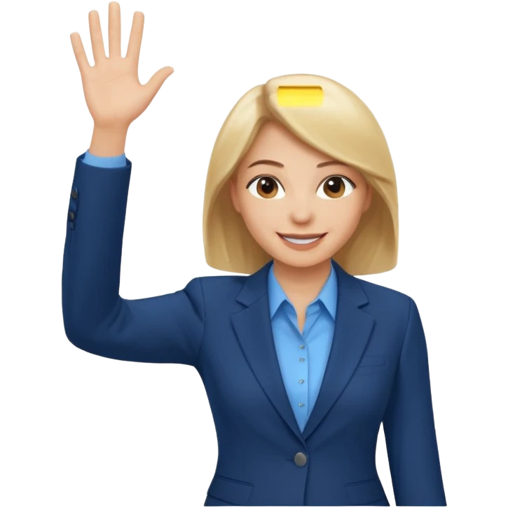 Make emoji of business woman with light skin and medium blonde hair in a dark blue business suit and light blue shirt waiving to new clients emoji