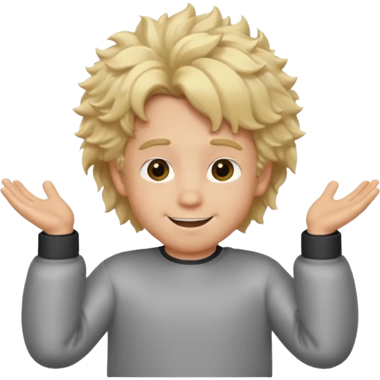 boy with blonde fluffy hair doing idk shrug while smiling emoji
