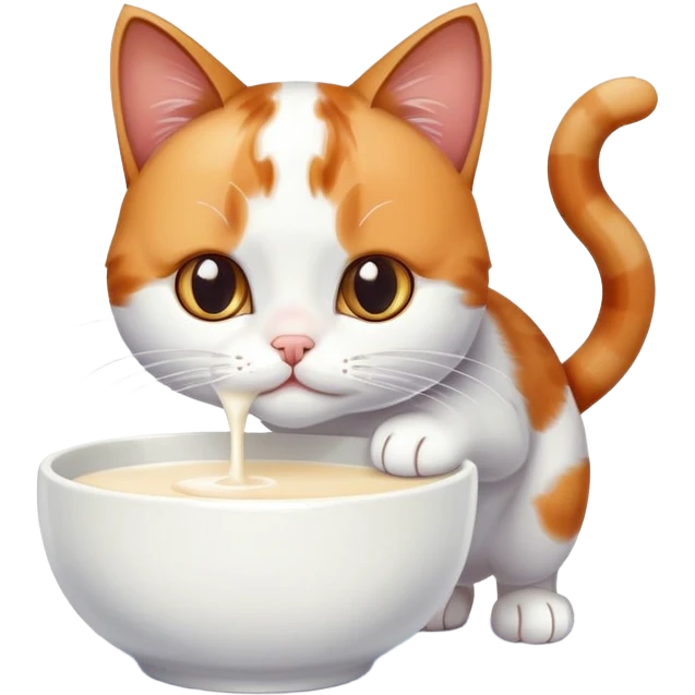 Eine Katze auf einem weißen Holzboden trinkt aus ihrem Milchnapf und hat an ihrer Nase einen Milch tropfen emoji