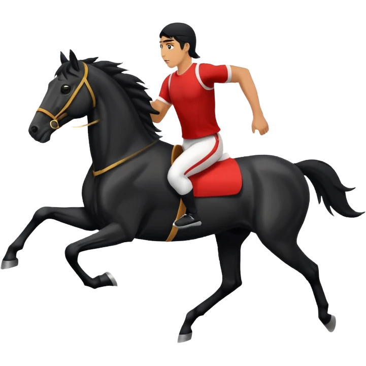 black horse chasing a running man, in realistic simple image style emoji