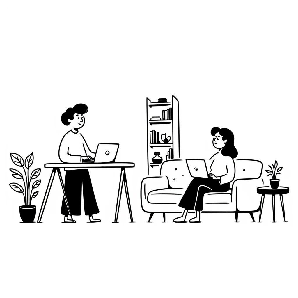escenary 3d of a cozy mid-century living room with two people working on laptops, one man standing at a desk, and one woman sitting on a couch emoji