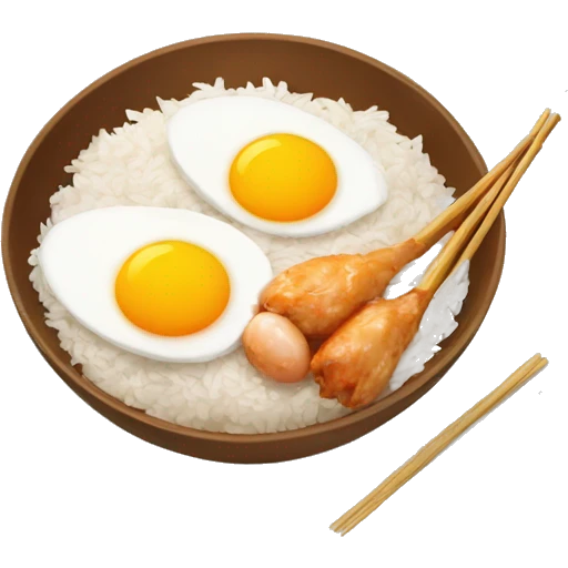 a bowl of rice with two eggs and two chicken drumstick on top emoji
