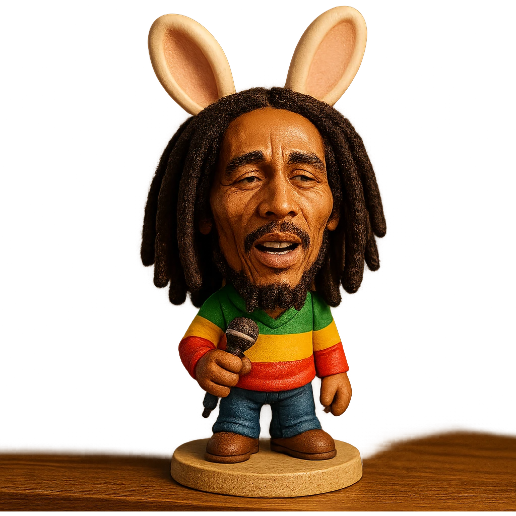 a bobblehead style bunny with Bob Marley's iconic look, wearing reggae-colored clothes, holding a microphone emoji