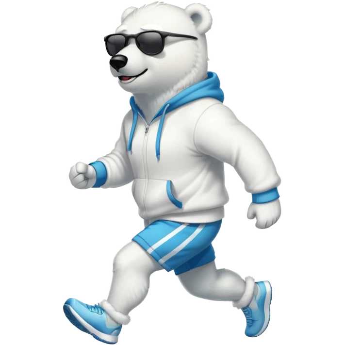 friendly anthropomorphised polar bear jogging upright wearing a hoodie and shorts, dark sunglasses emoji