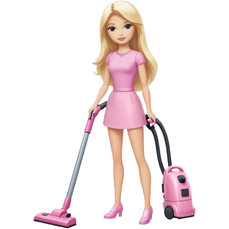 A white Barbie girl with long blonde straight hair in pale pink-colored clothes vacuums emoji