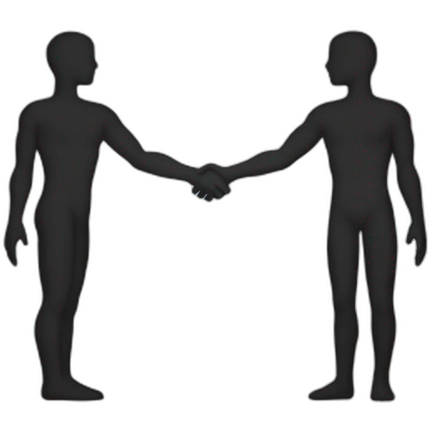 Two silhouettes—one human and one resembling a circuit-based humanoid—shaking hands or combining to form one entity, symbolizing collaboration emoji