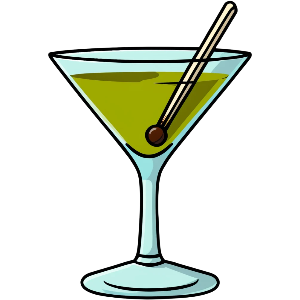 martini glass with clear liquid and an olive at the bottom skewered by a toothpick emoji