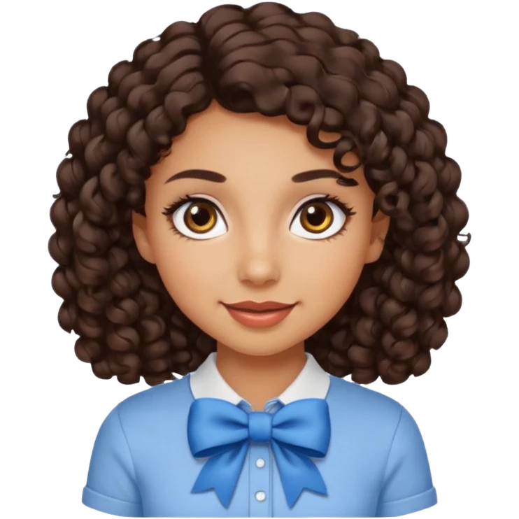 Do a Curly haired girl with dark brown hair, brown eyes, medium tan skin, big eyes and big lashes, with thin lips and add a shirt with a bow emoji