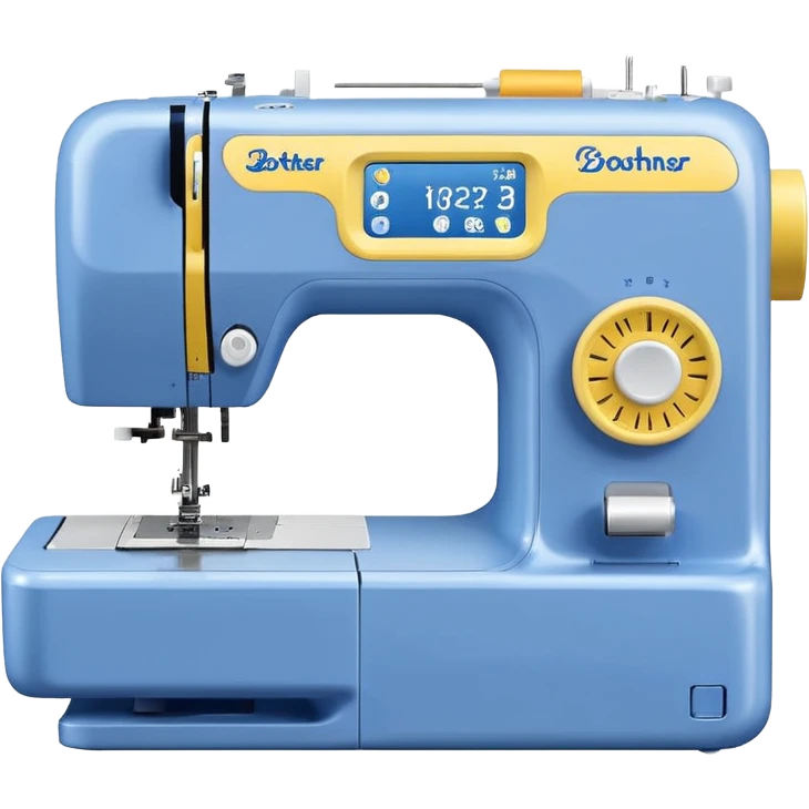 Modern Brother-style computerized sewing machine emoji, white and this yellow #FFB31E and light gray with a blue thread spool, small LCD screen and round dial, three-quarter view, soft gradients and shadows in Apple emoji style, plain light background. emoji