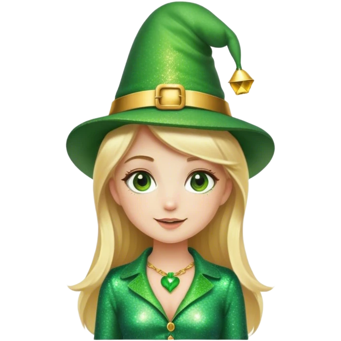 Blonde haired girl in glittery green bell bottoms and tall leprechaun hat emoji