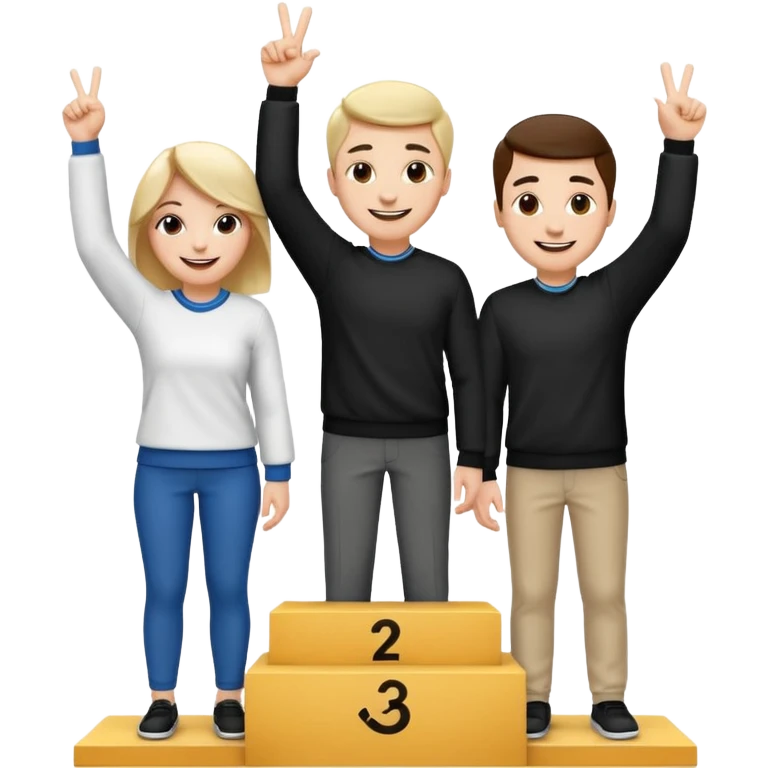 three casually dressed people on a winners podium with the center step higher, black and white, no numbers, center person holding up one finger on each hand, cheerful expressive emoji style emoji