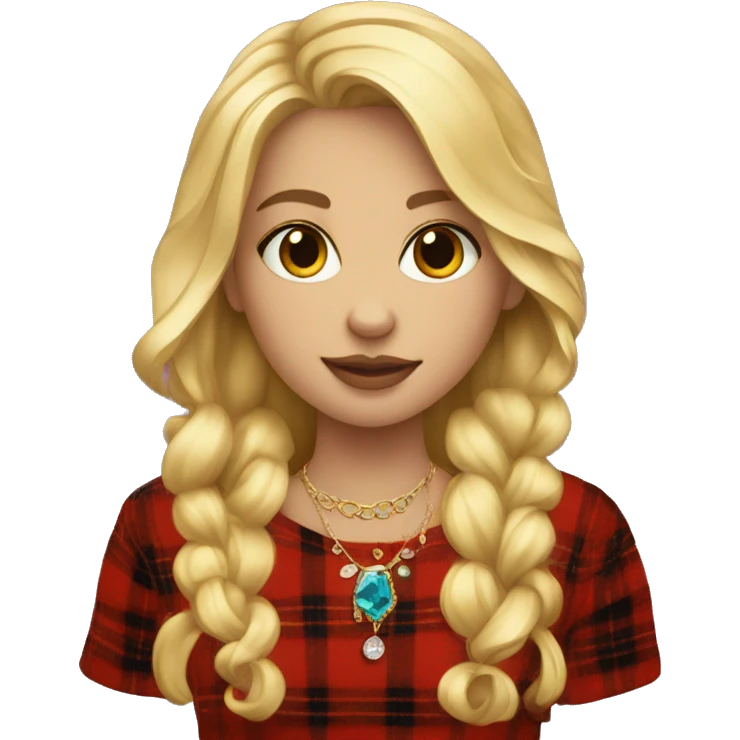 blonde haired girl with jewelry and red flannel emoji