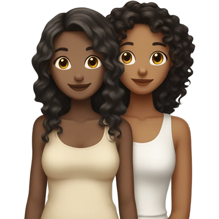 Tall white girl with wavy black hair hugging a tall tan girl with curly dark brown hair emoji