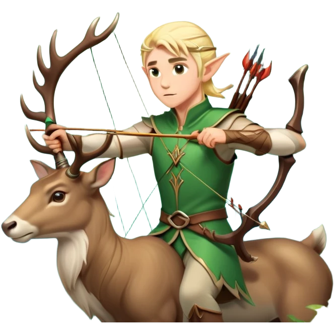 clash-of-clans-aesthetic-blond-male elf-archer-portrait-emoji, rendered in a flat, vector-style with minimal shading and bold holding his bow, simplified shapes, head tilted slightly forward with a determined, focused expression, riding a majestic stag whose antlers glow with mystical energy, set against an ancient, enchanted forest backdrop. emoji