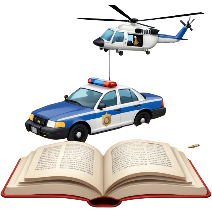 Icon for Action & Crime Reading: an open book with text, from which a police car is driving out along the pages, with explosions behind, a helicopter flying overhead, and a pistol with ammo and grenades in front. Transparent background. emoji