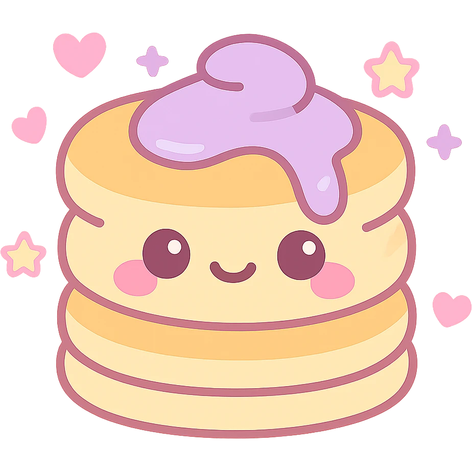 aesthetic pancake, girly teen vibe, pastel pinks and purples, kawaii face, hearts and stars emoji