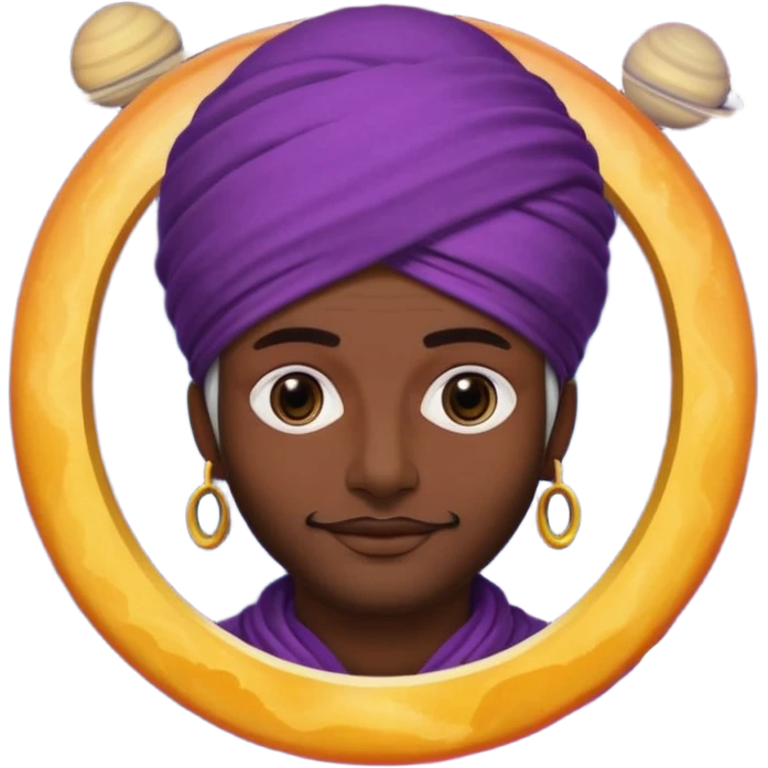 A bold emoji-style illustration with Saturn 🪐 as the dominant element, clearly showing its bright rings. Inside the planet, a stylized man wearing a colorful turban 👳🏾‍♂️, depicted as a mystical or adventurous character, sitting or floating within Saturn, integrated with the planet’s texture. emoji