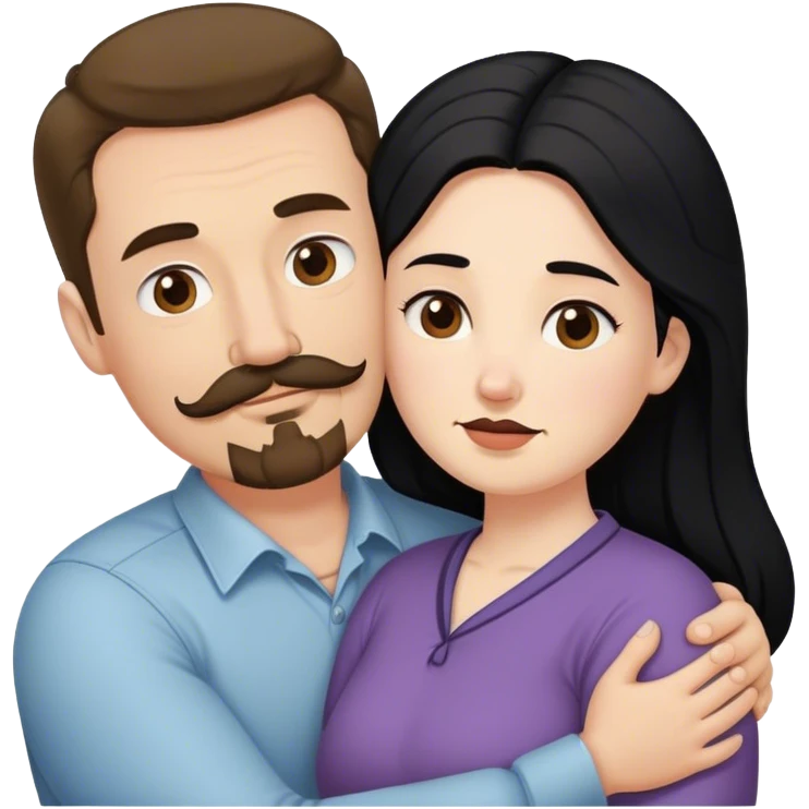 Tall strong white man with brown mustache goatee hugging a chubby short pale woman with long black hair emoji