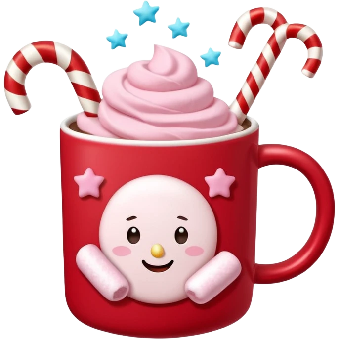hot chocolete with pastel pink marshmallows in red christmas mug with stars and candy cane, trendy aesthetic emoji