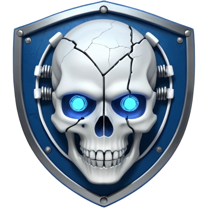 Cyberpunk shield, skull with cybernetic implants, glowing wires, dark electric blue and white tones, no background emoji