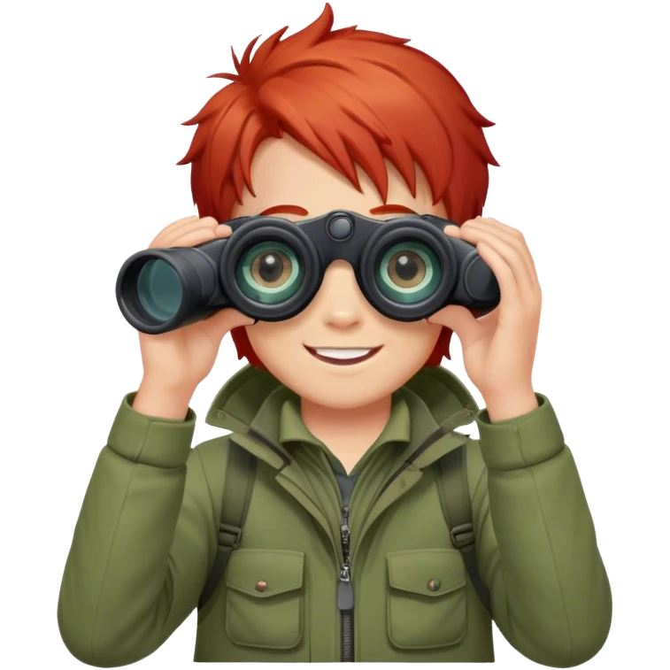 smiled boy's outdoor clothes whit red hair with binocular and white background  emoji