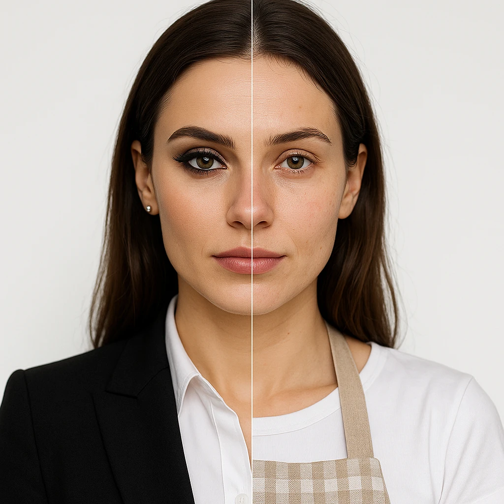 4K hyper realistic split-image: beautiful woman, left side with dramatic office makeup and attire, right side natural, homemaker apron, white background, clear contrast, symmetry. emoji