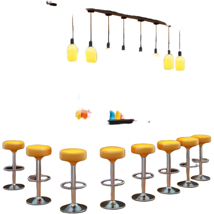 A 3D cartoon bar interior with a counter, glowing shelves of colorful bottles, tall stools, and hanging lights, warm ambient lighting, realistic reflections, Memoji-style. Photo Frame. Negative : Transparent. emoji