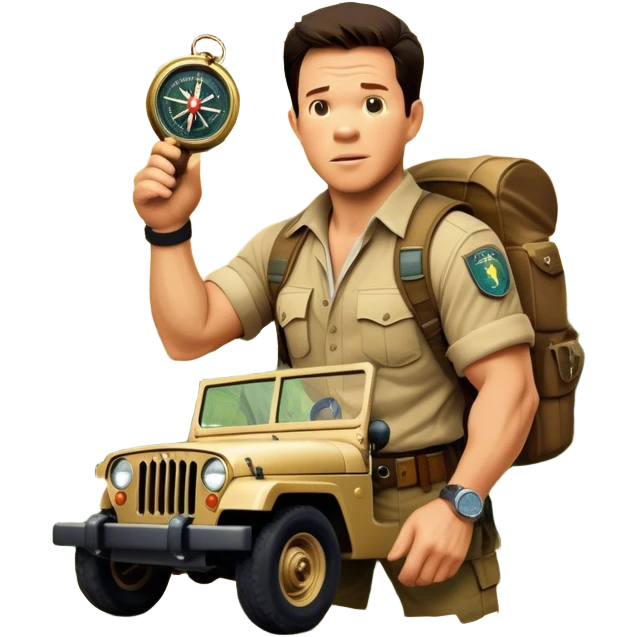 A vintage movie poster-style collage. Include action-packed elements like a treasure map, jungle scenes, a rugged explorer with a compass and a speeding jeep. Add a shadowy figure resembling close-up Mark Wahlberg in adventurous gear. Dramatic lighting, dynamic composition. Transparent background. emoji