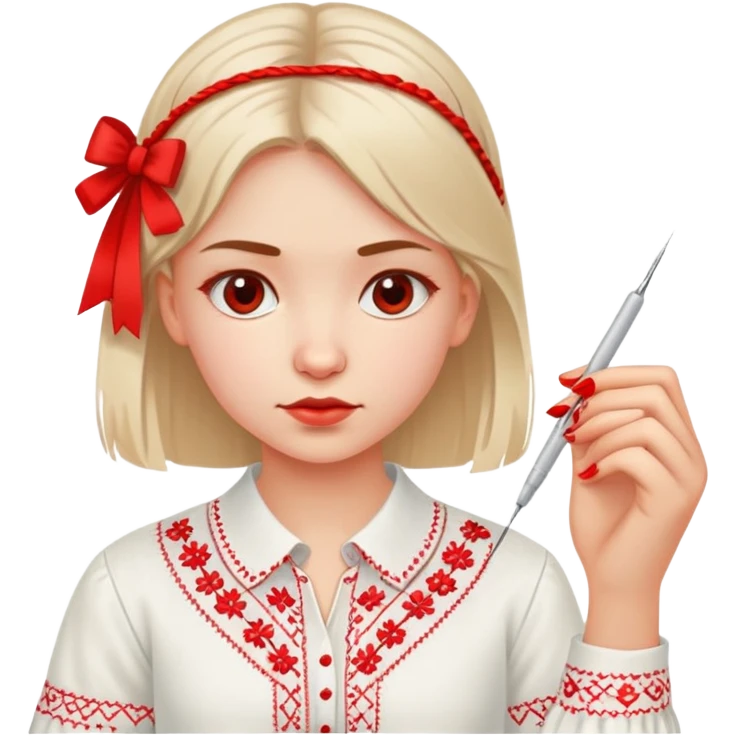 A young Ukrainian girl in a white embroidered shirt holds a red thread and a needle in her hand emoji