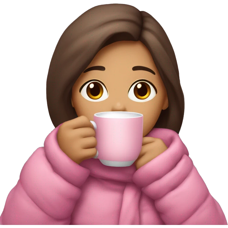 Brunette brown eyed girl sipping hot cocoa with pink warmclothes emoji