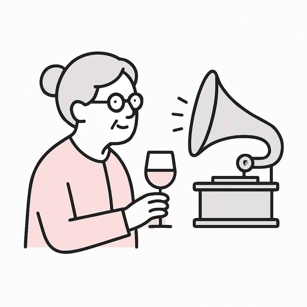 old lady with wineglass listening to gramophone emoji