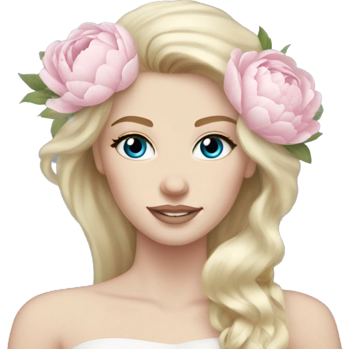 White bride with long light blonde hair and blue eyes with light pink peonies in hair white skin  emoji