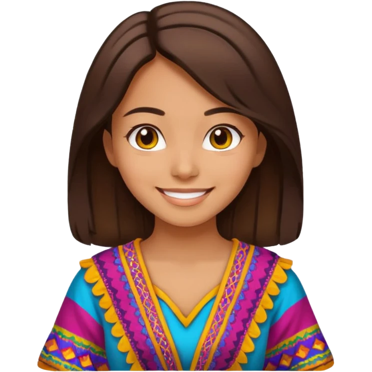 girl with dark brown hair, wearing a colorful Afghan dress, smiling, simple and cute emoji style emoji
