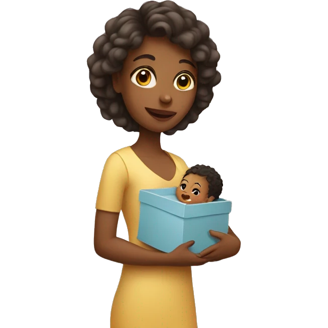 a young woman who holding baby and small box emoji