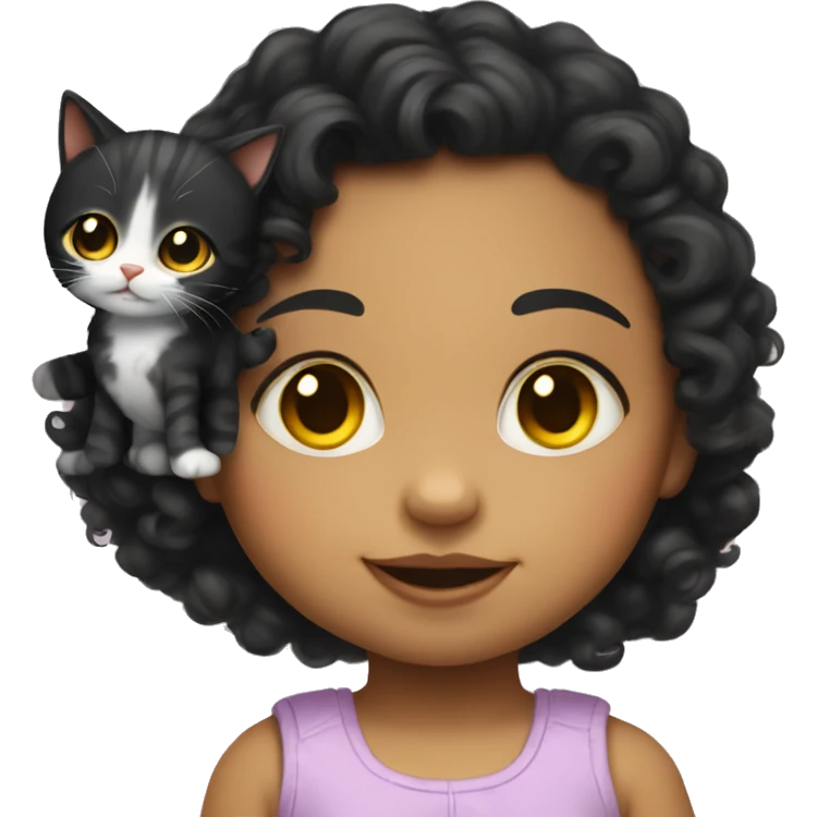 baby girl with shoulder-long black curly hair with yellow highlights and hold a cat emoji
