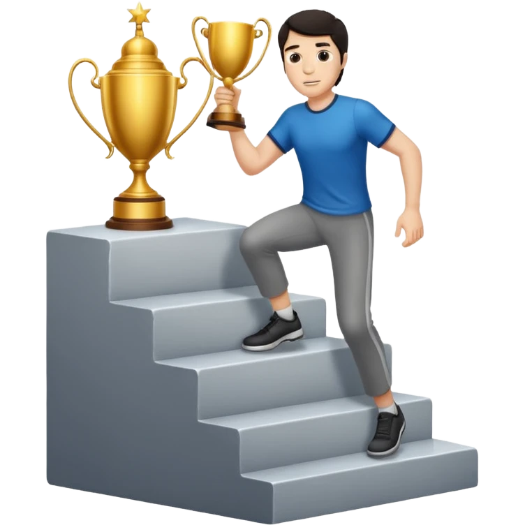 UN HOMBRE DE PIEL CLARA Y PELO OSCURO SUBIENDO ESCALERAS PARA ALCANZAR UN TROFEO QUE ESTA EN EL ULTIMO ESCALON emoji