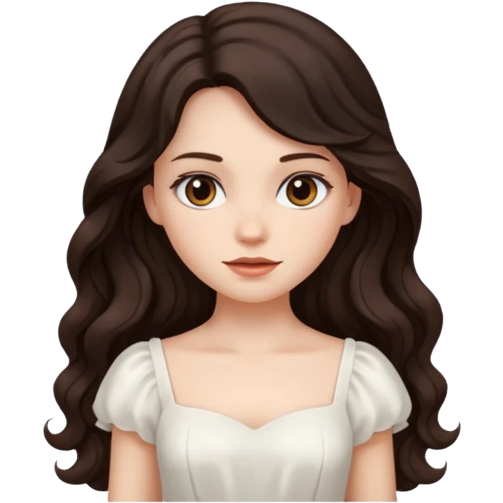 A girl in white with dark brown long wavy hair and very white skin emoji