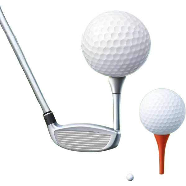 A golf ball on a tee with a golf club placed beside it, set against the backdrop of a well-manicured green golf course. The scene emphasizes the equipment and serene atmosphere of the sport, with soft lighting and a peaceful, open landscape emoji