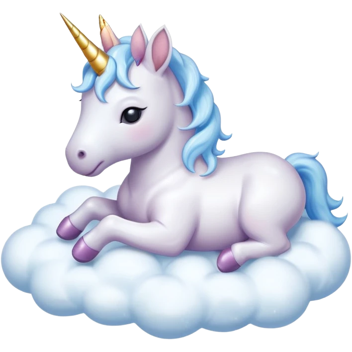A Baby unicorn, with a sparkling horn, asleep on a white, pale blue flurry cloud, isolated emoji