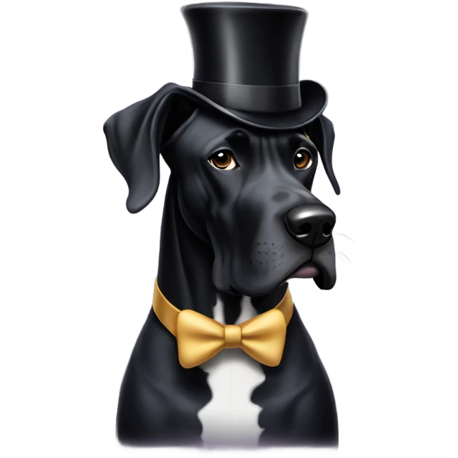 Black Great Dane with uncropped ears wearing a top hat emoji