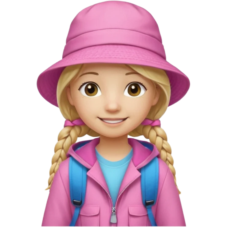 Little student, long braid blonde, wears pink bucket hat and jacket, backpack, happy emoji