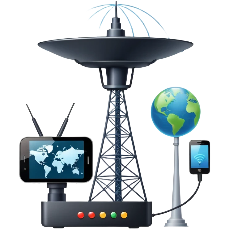 An icon featuring a satellite dish, a cell tower emitting signals, and a smartphone displaying a chat interface. The design includes fiber-optic cables and data waves, symbolizing global communication, connectivity, and information exchange. Transparent background. emoji