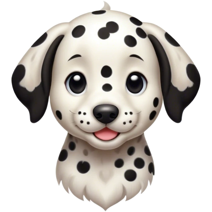 Cinematic Cute Spotted Dalmatian Portrait Emoji, Head tilted playfully and inquisitively, featuring a glossy Fur of predominantly white with dynamic black patches, round, sparkling eyes filled with gentle curiosity, Simplified yet irresistibly adorable features, highly detailed, glowing with a warm, friendly glow, high shine, affectionate and gentle, stylized with a touch of whimsy, bright and endearing, soft glowing outline, capturing the essence of a mischievous yet loving pup, so playful it feels like it could lumber out of the screen and into your arms! emoji